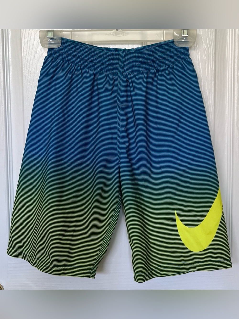 Nike Kids Sz L Swim Trunks Blue Green Gradient Athletic Swimsuit Shorts EUC